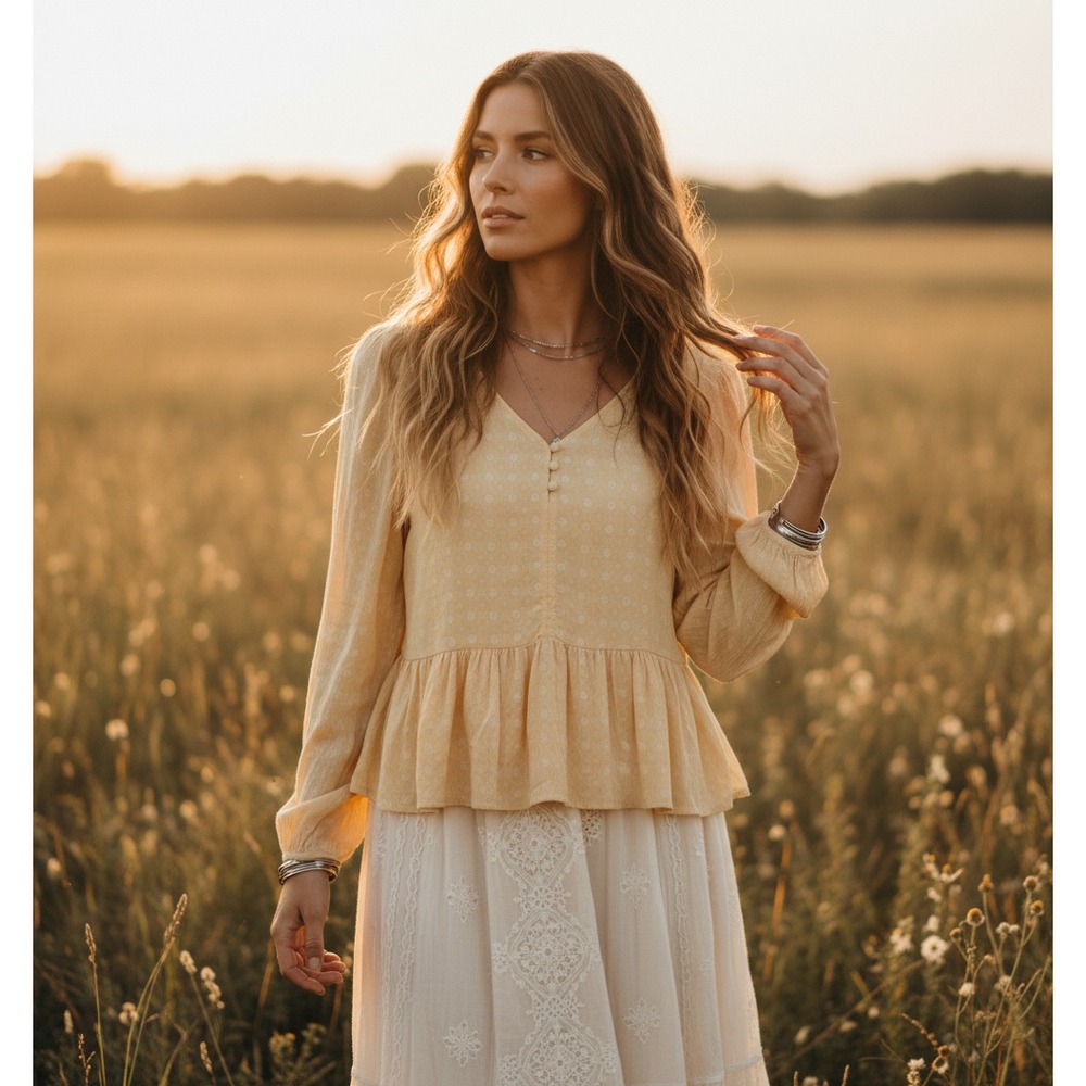 SO Top S Yellow Peplum Ruffle Flowy Cottage Boho Twee Coquette Soft Girl Shabby